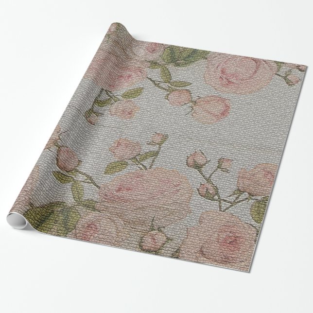 Glossy Modern Vintage Floral Rose Wrapping Paper (Unrolled)