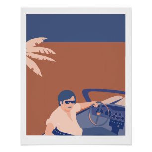 Glossy poster showing man in sports cars
