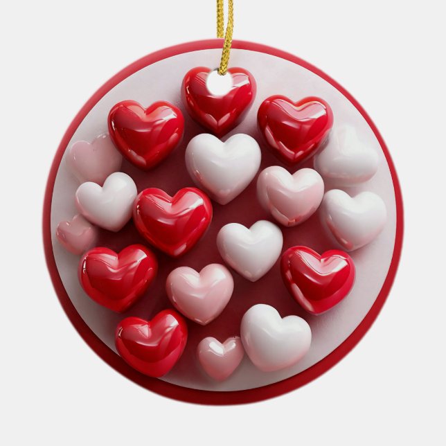 Glossy Red and White Hearts Ceramic Ornament (Front)