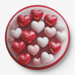 Glossy Red and White Hearts Paper Plate