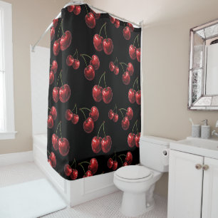 Glossy Red Cherries Black Retro Glam Shower Curtain