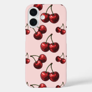 Glossy Red Cherries Pink Retro iPhone 16 Case