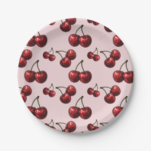 Glossy Red Cherries Pink Retro Party Paper Plate (Front)