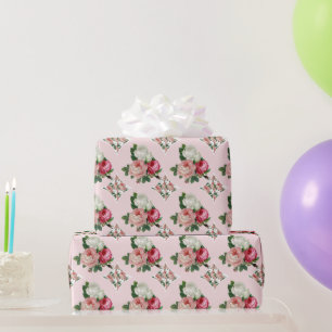 Glossy Retro Chic Pink and White Rose Floral Wrapping Paper