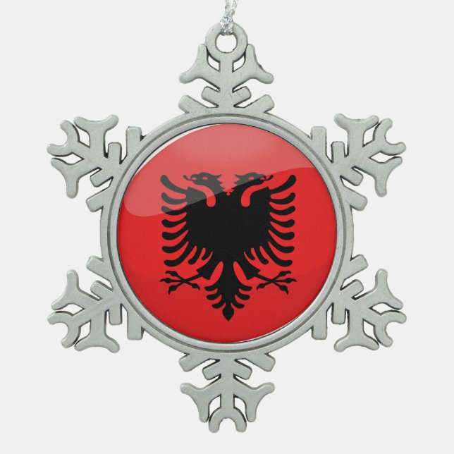 Glossy Round Albanian Flag Snowflake Pewter Christmas Ornament (Front)