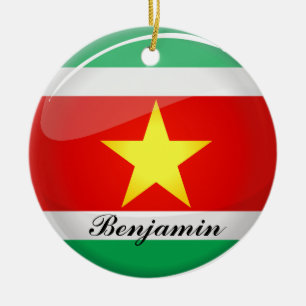 Glossy Round Flag of Suriname Ceramic Ornament
