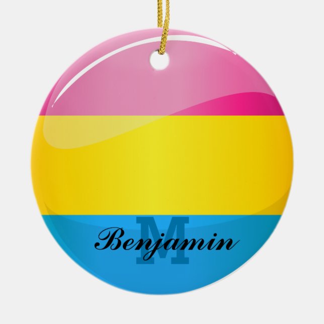 Glossy Round Pansexual Pride Flag Ceramic Tree Decoration (Front)