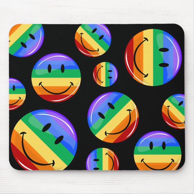 Glossy Round Smiling Gay Pride Flag Mouse Pad (Front)