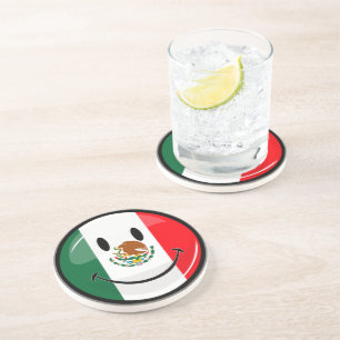 Glossy Round Smiling Mexican Flag Coaster