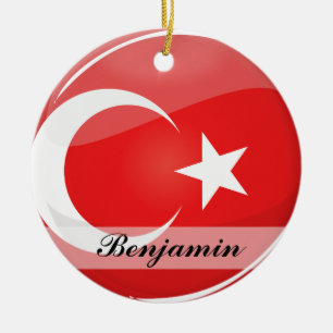 Glossy Round Turkish Flag Ceramic Tree Decoration