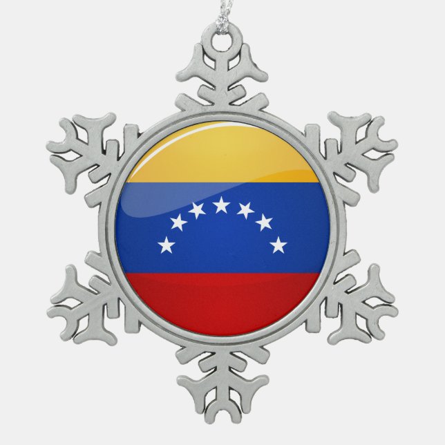 Glossy Round Venezuela Flag Snowflake Pewter Christmas Ornament (Front)