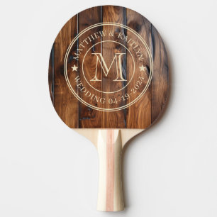 Glossy Stained Dark Wood Wedding Monogram Star Ping Pong Paddle