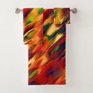 Glossy stained from red to orange, a little green bath towel set