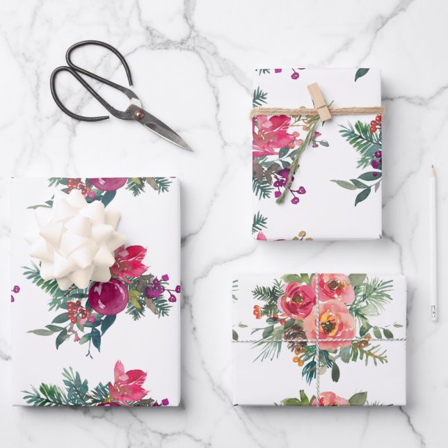 Glossy Watercolor Christmas Flowers Wrapping Paper (Front)