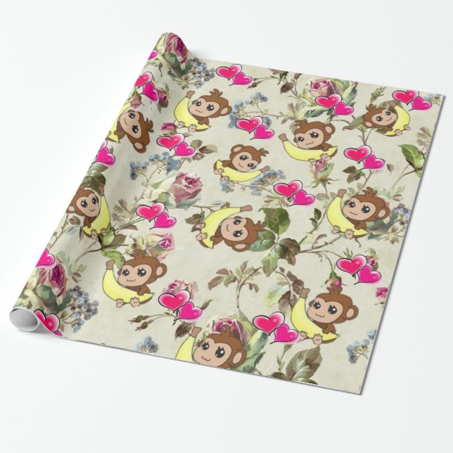 Glossy Wrapping Paper, Bananas Monkeys Floral Wrapping Paper (Unrolled)