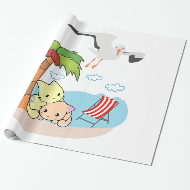 Glossy Wrapping Paper, Beach Cats Birds Paper (Unrolled)