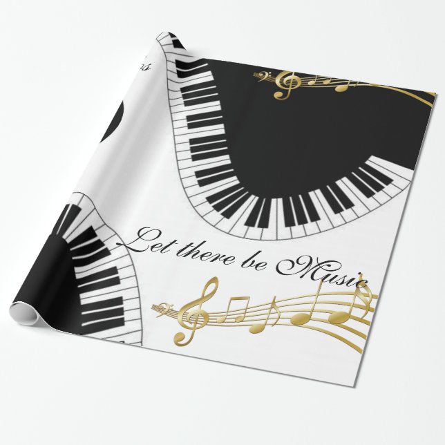 Glossy Wrapping Paper, Black and White Music Notes Wrapping Paper (Unrolled)