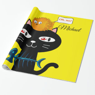 Glossy Wrapping Paper, Black Cat Fish Bones Yellow Wrapping Paper