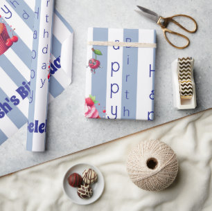 Glossy Wrapping Paper Blue Stripe Happy Birthday