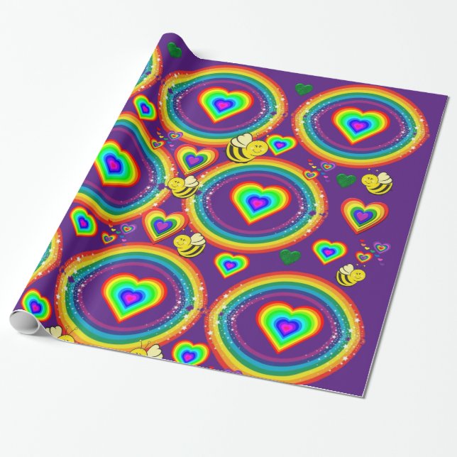 Glossy Wrapping Paper, Bumblebee Rainbows Hearts Paper (Unrolled)