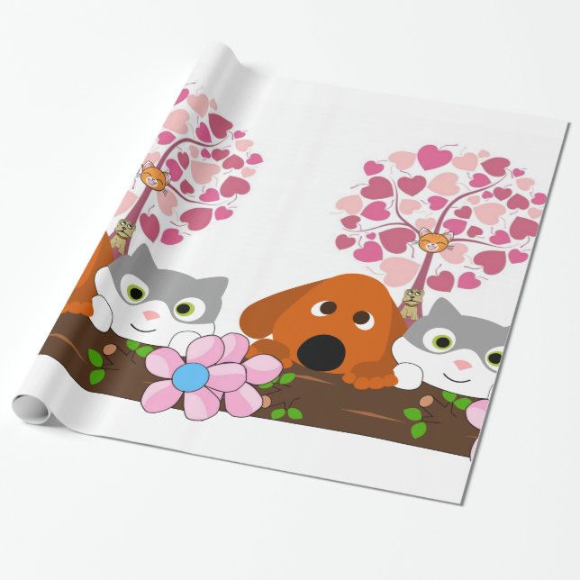 Glossy Wrapping Paper, Cat Dog Floral Wrapping Paper (Unrolled)
