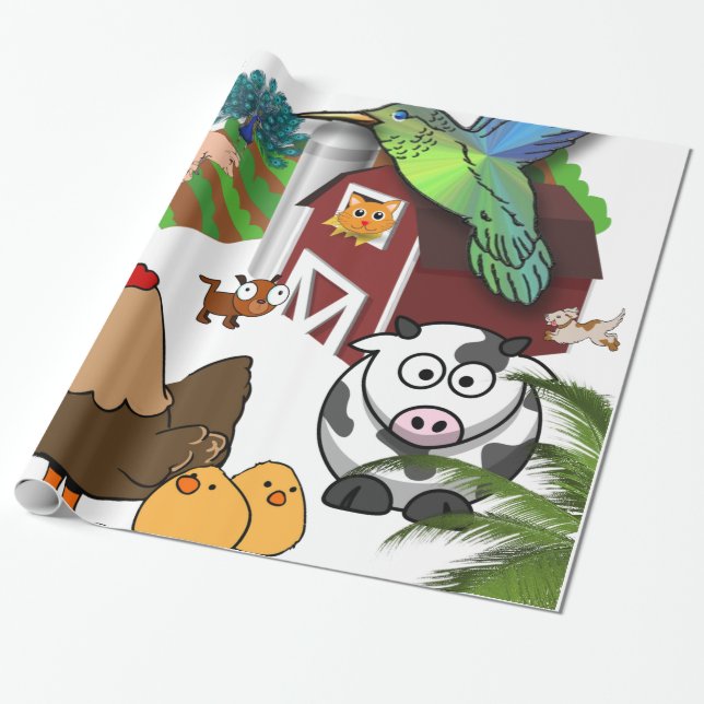 Glossy Wrapping Paper, Chicken Birds Cows Wrapping Paper (Unrolled)