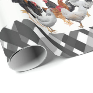 Glossy Wrapping Paper Chickens Black Plaid
