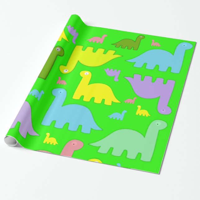 Glossy Wrapping Paper, Colourful Dinosaurs Green Paper (Unrolled)