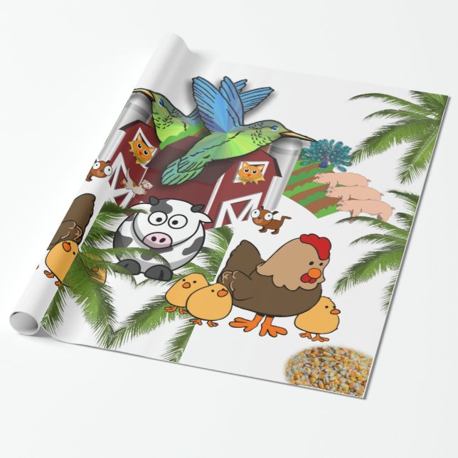 Glossy Wrapping Paper, Cow Pig Cat Farmhouse Wrapping Paper (Unrolled)
