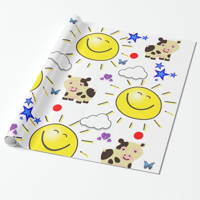 Glossy Wrapping Paper, Cow Sun Hearts Butterfly Paper (Unrolled)