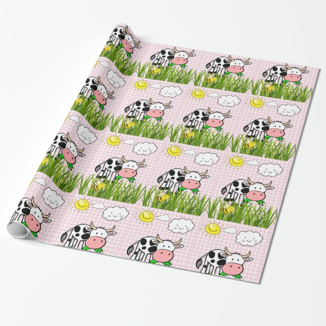 Glossy Wrapping Paper,Cows Sun Clouds Floral Plaid Paper (Unrolled)