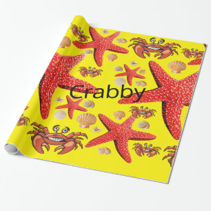 Glossy Wrapping Paper, Crabs Starfish Red Yellow Wrapping Paper
