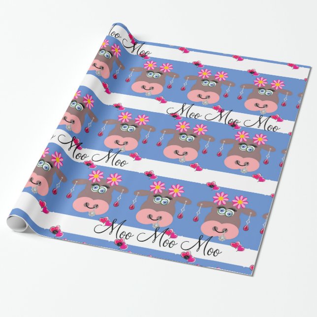Glossy Wrapping Paper, Floral Cow Moo Blue Wrapping Paper (Unrolled)