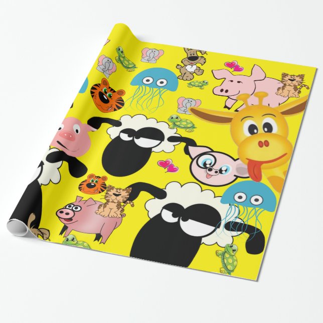 Glossy Wrapping Paper, Giraffe Pigs Dogs Cats Wrapping Paper (Unrolled)