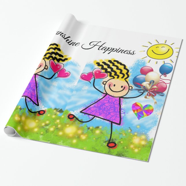 Glossy Wrapping Paper, Girl Sun Balloons Floral Wrapping Paper (Unrolled)