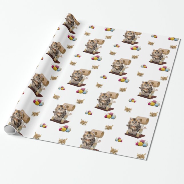 Glossy Wrapping Paper, Kitten Cat Condo Yarn Wrapping Paper (Unrolled)