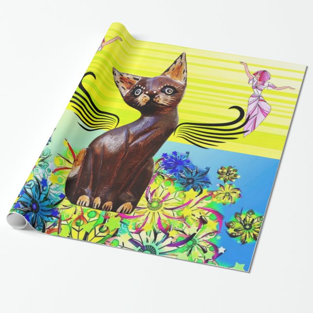Glossy Wrapping Paper, Kitten Cat Floral Fairy Wrapping Paper (Unrolled)