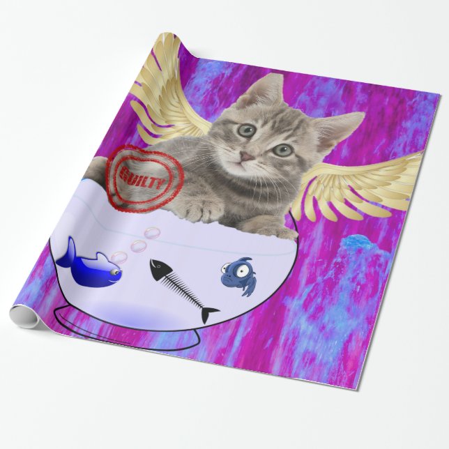 Glossy Wrapping Paper, Kitten Fish Guilty Wrapping Paper (Unrolled)