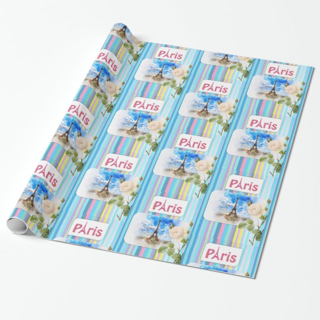 Glossy Wrapping Paper, Paris France Blue Stripe Wrapping Paper (Unrolled)