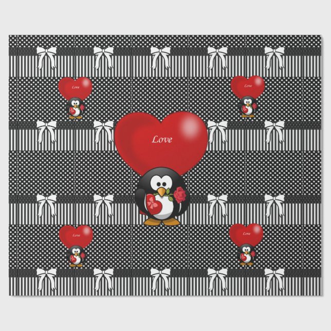 Glossy Wrapping Paper Penguin Love Black (Flat)