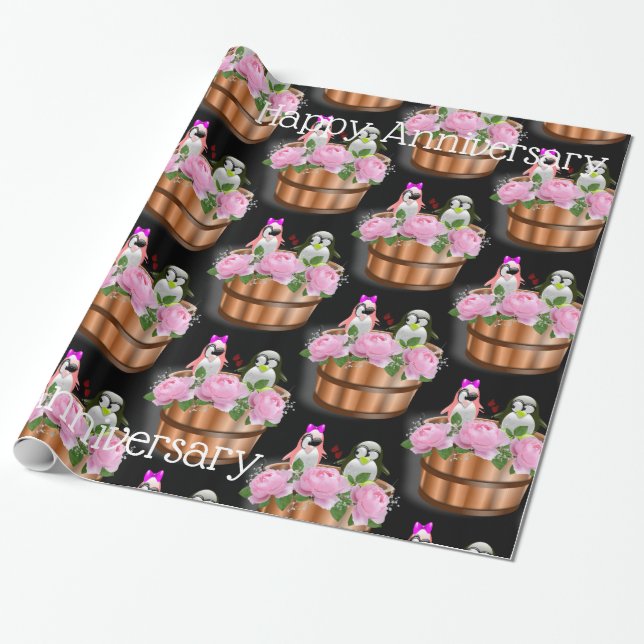 Glossy Wrapping Paper, Penguin Pink Roses Paper (Unrolled)