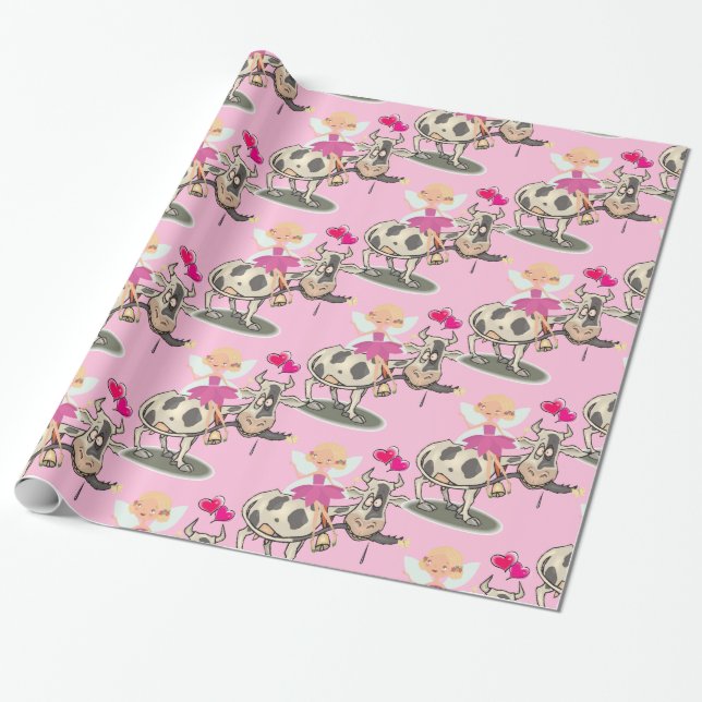 Glossy Wrapping Paper, Pink Fairy Cows Hearts Paper (Unrolled)