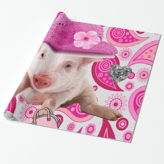 Glossy Wrapping Paper,  Pink Pig Silver Hearts Wrapping Paper (Unrolled)