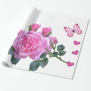 Glossy Wrapping Paper, Pink Rose Floral Butterfly Paper