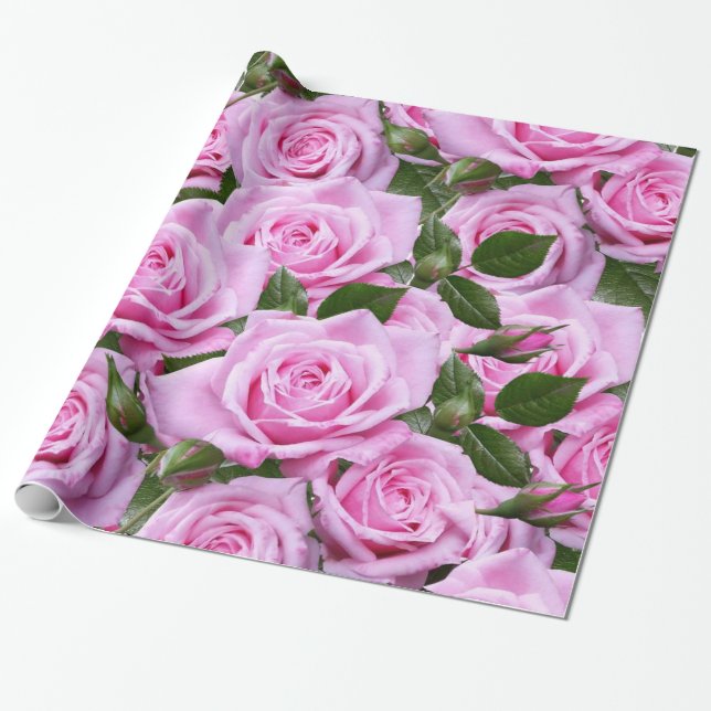 Glossy Wrapping Paper, Pink Roses Wrapping Paper (Unrolled)