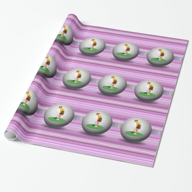 Glossy Wrapping Paper, Purple Stripe Golfer Balls Wrapping Paper (Unrolled)