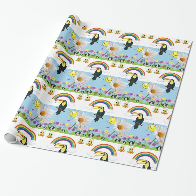Glossy Wrapping Paper, Rainbow Parrots Sun Rabbits Wrapping Paper (Unrolled)