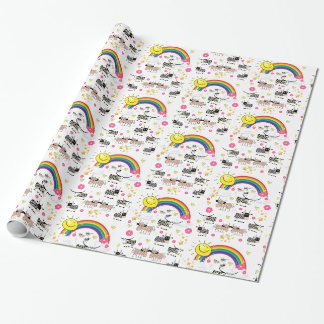 Glossy Wrapping Paper, Rainbow Sun Clouds Cows Paper (Unrolled)