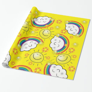 Glossy Wrapping Paper, Rainbow Sun Clouds Yellow Paper