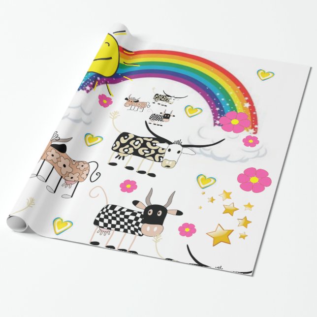 Glossy Wrapping Paper, Rainbow Sun Floral Cows Wrapping Paper (Unrolled)
